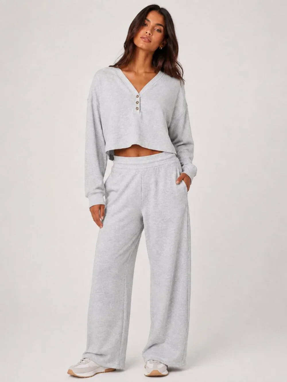 Alo Yoga Micro Waffle Set Gray Henley Wide Leg Pants S
